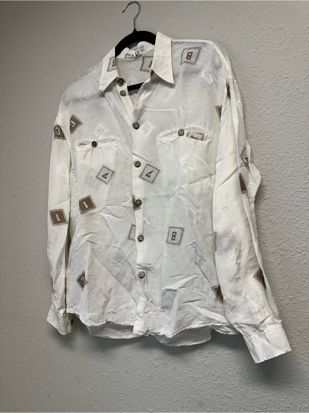 Men's Vintage 46 West 100% Linen Button-Down Shirt with Beige Geometric Print
